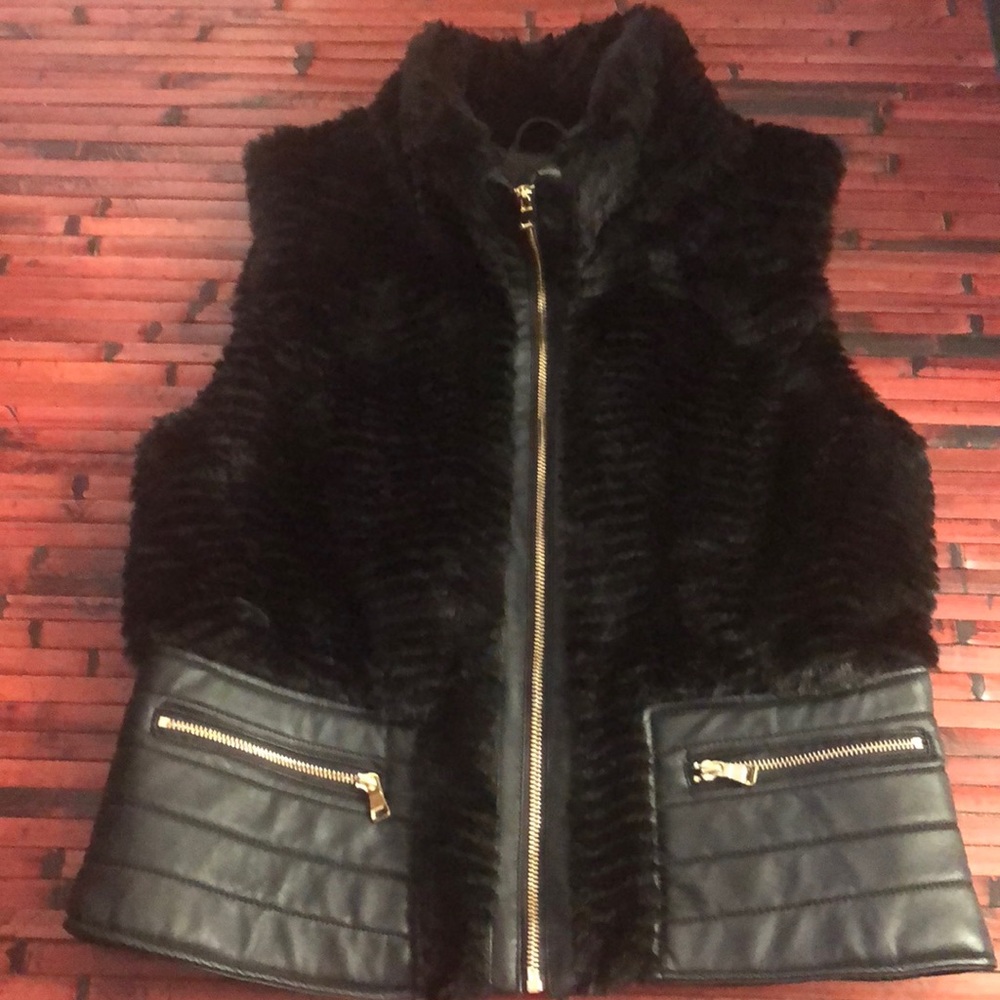Black Faux Fur Vest with Gold Detail